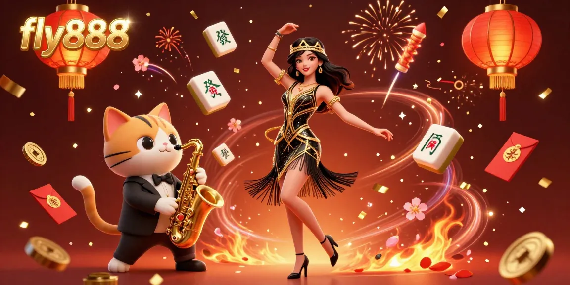 Experience the vibrant energy of fly888 with a stunning scene of casino excitement featuring dynamic characters and festive elements.