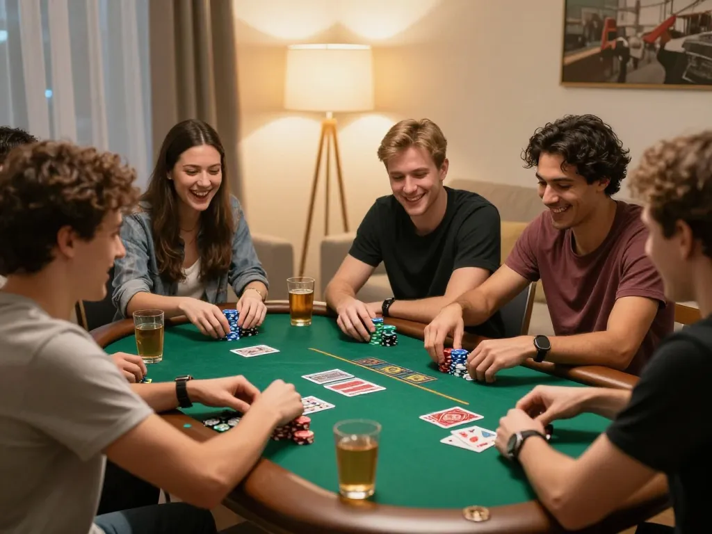Teman-teman menikmati malam poker, merencanakan permainan mereka di sekitar meja, menunjukkan kesenangan dari Ulat123.