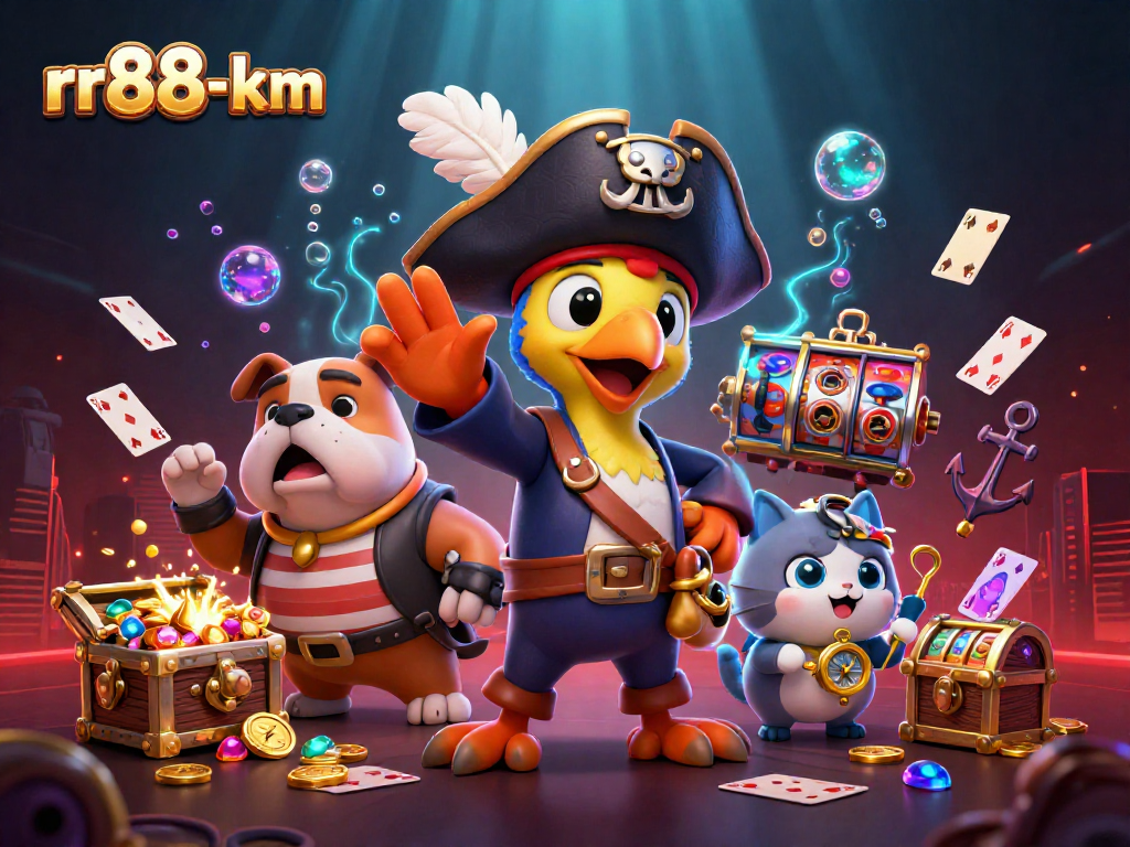 Engage with rr88-km's exciting treasure-filled casino adventure featuring playful characters and vibrant game elements.