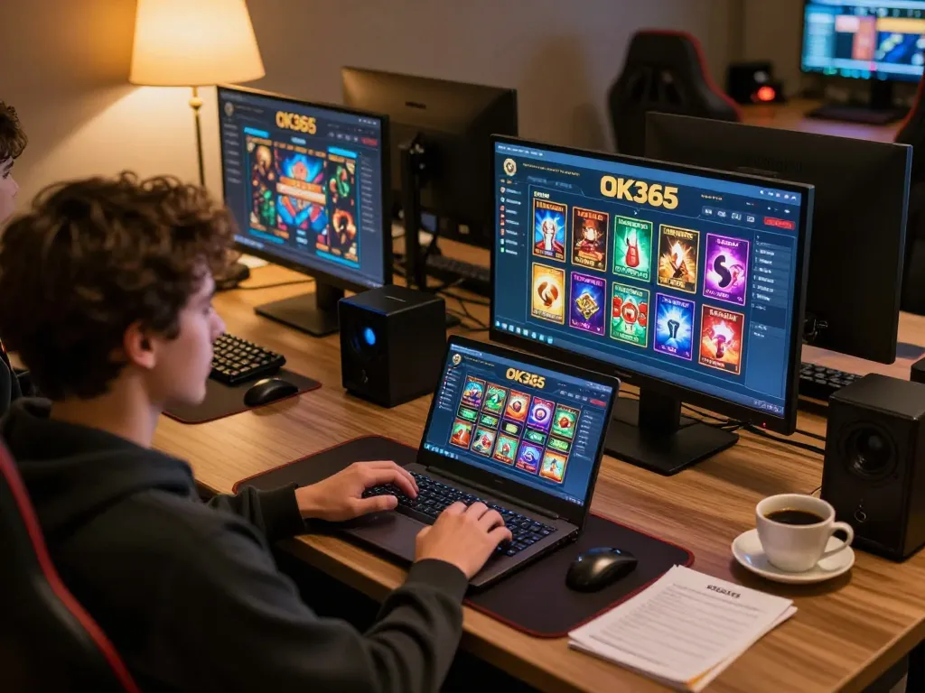 Player enjoying online casino games at OK365 with a cozy home setup