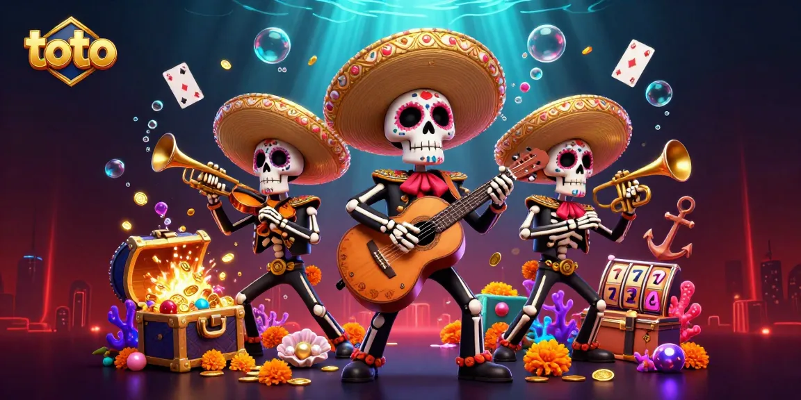 Engage with toto-themed slot games featuring a vibrant mariachi band amidst a treasure-rich underwater scene.
