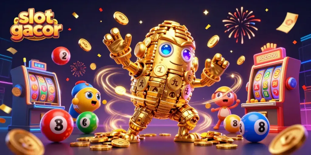 Memenangkan slot gacor dengan golem emas bertumpuk serta simbol mesin slot bermain di tengah kejutan penuh warna.