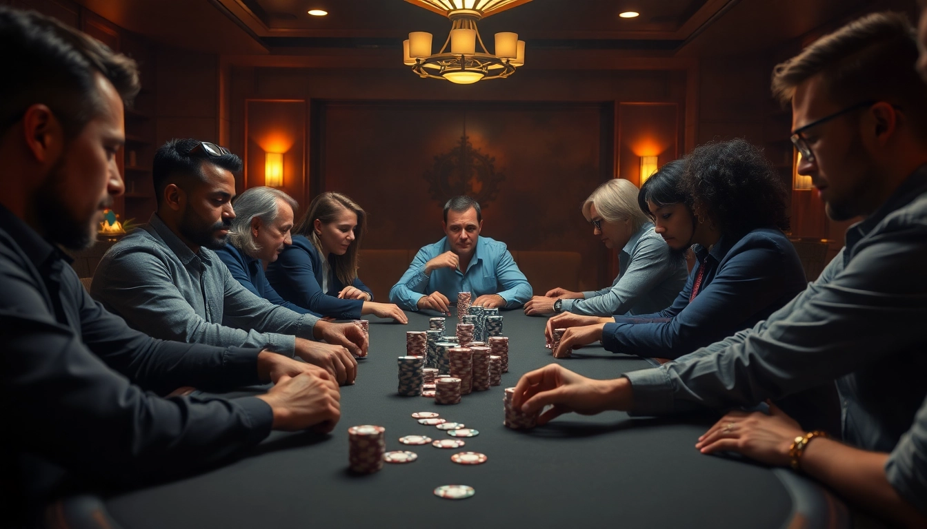 Players engaging in a thrilling Poker Game featuring vibrant chips and cards on a felt table.