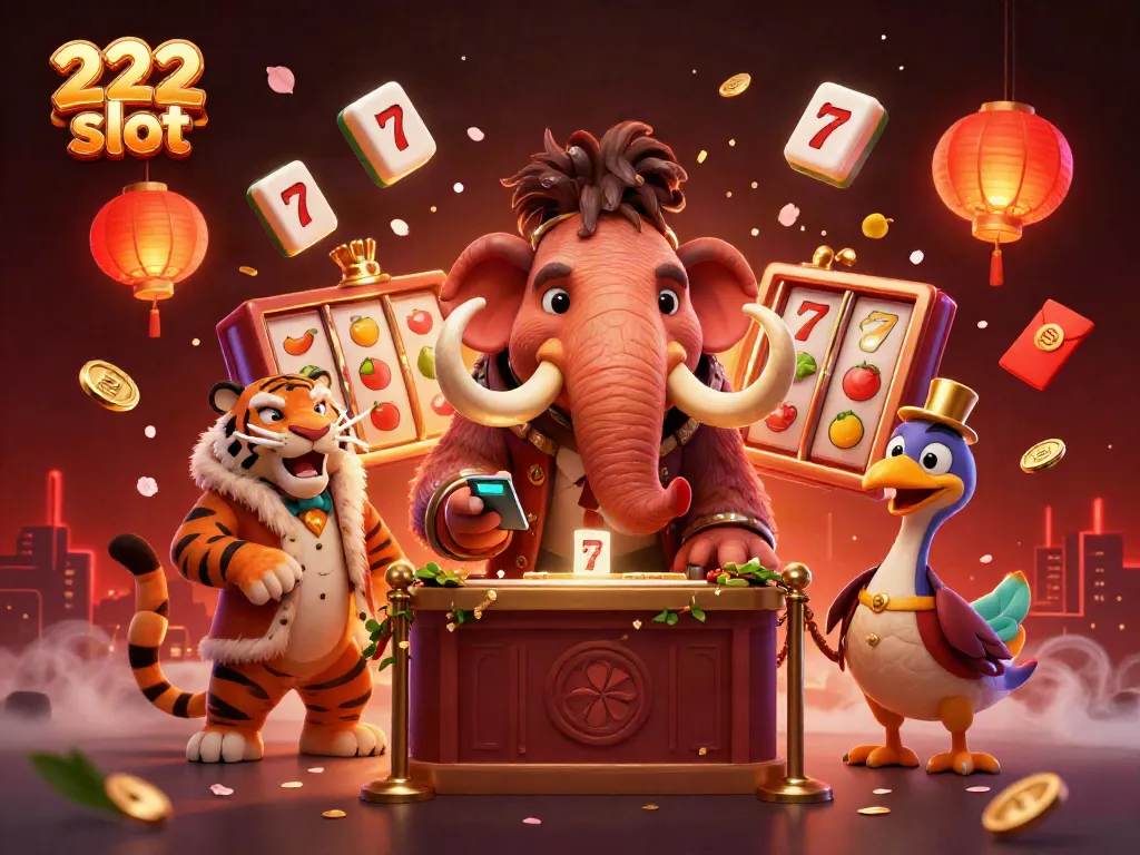 Genggam kemenangan di slot 222 dengan ilustrasi kasino penuh warna; bouncer mamut dan tamu VIP.