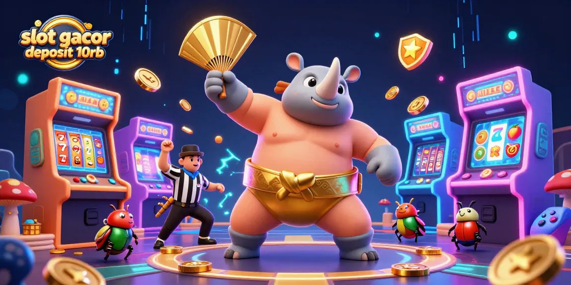 Engage with the thrilling slot gacor deposit 10rb experience as vibrant game elements and characters unite in a lively casino scene.