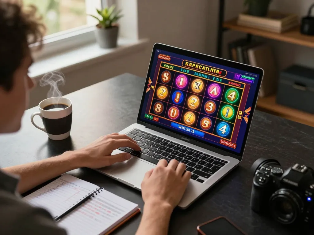 hm88 player engaging in strategic online slots gameplay at home with focus on screen and surroundings.