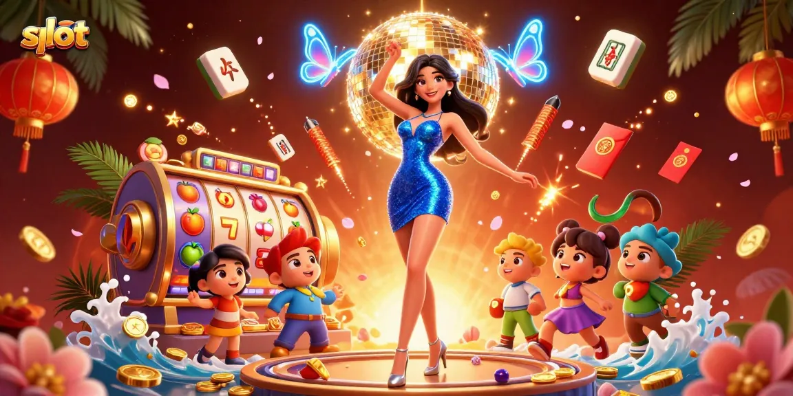 Play thrilling slot games with a glamorous lady in a dazzling outfit, celebrating wins in style.