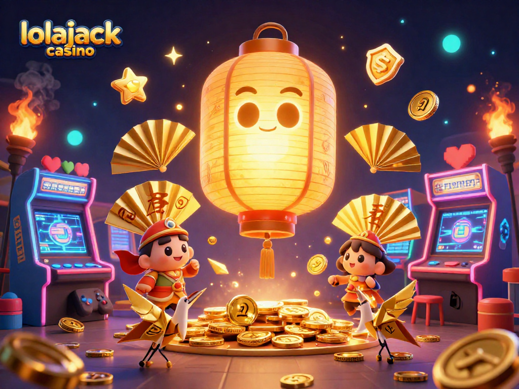 Experience the vibrant atmosphere of lolajack casino with a 3D illustration of gaming spirits and arcade elements.