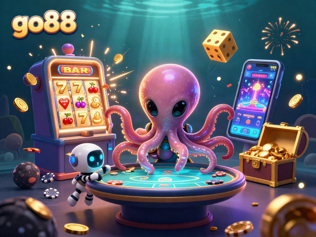 Spin and win at go88 with a dazzling 3D illustration of a cosmic octopus playing poker.