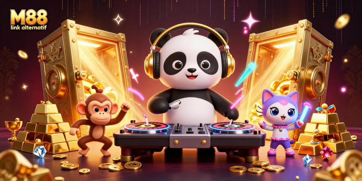 Experience M88 link alternatif with a vibrant scene featuring a DJ panda and dancing animals celebrating wins in a dynamic casino.