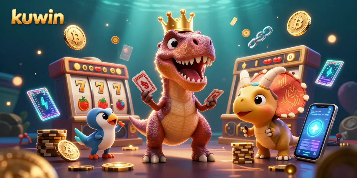 Kuwin offers fun card strategies with a friendly dinosaur trio in an action-packed casino scene.