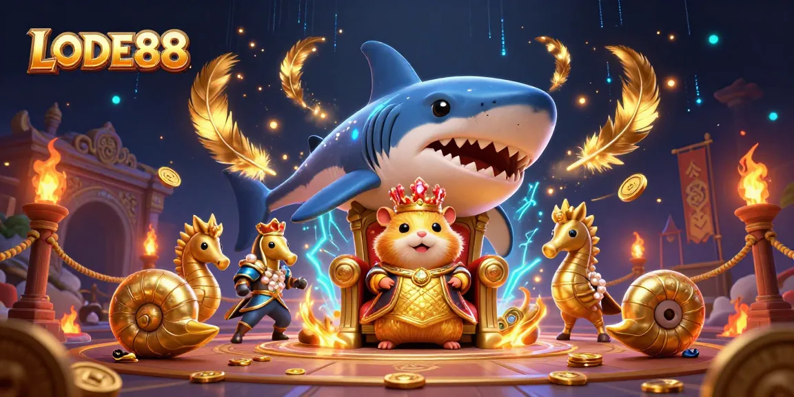 Experience LODE88's vibrant casino scene with the golden hamster king and majestic guards.