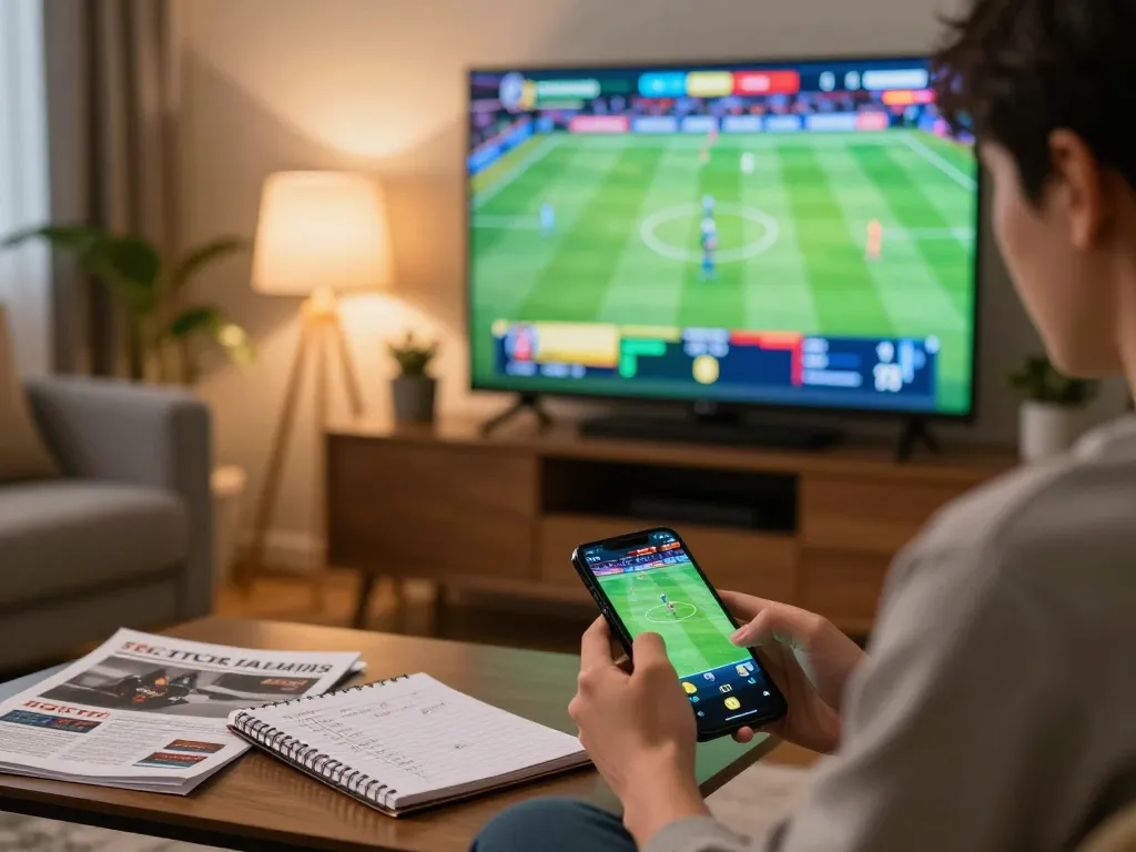 Terlibat dalam taruhan olahraga situs toto dengan smartphone dalam pengaturan rumah yang nyaman.