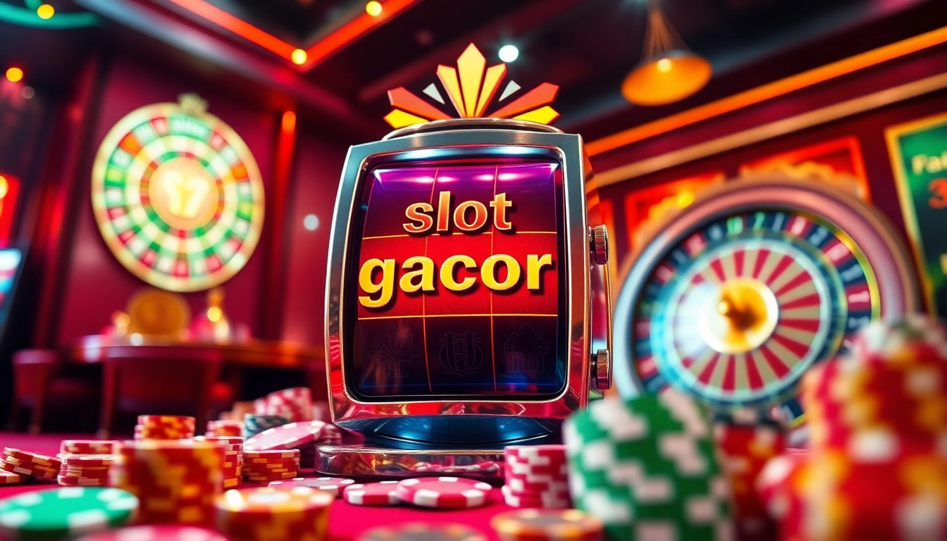 Exciting scene of a slot gacor machine in a luxurious casino with poker chips and cards.