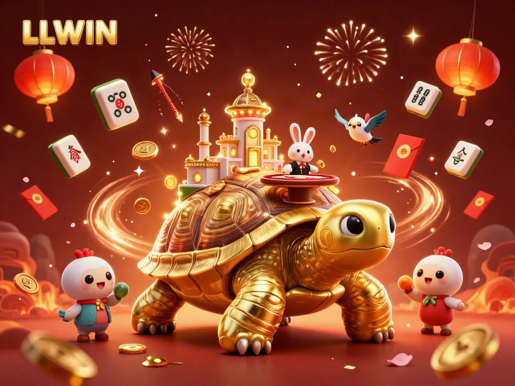 Engage in the exciting world of LLWIN with a festive 3D casino illustration featuring a golden tortoise and a rabbit dealer.
