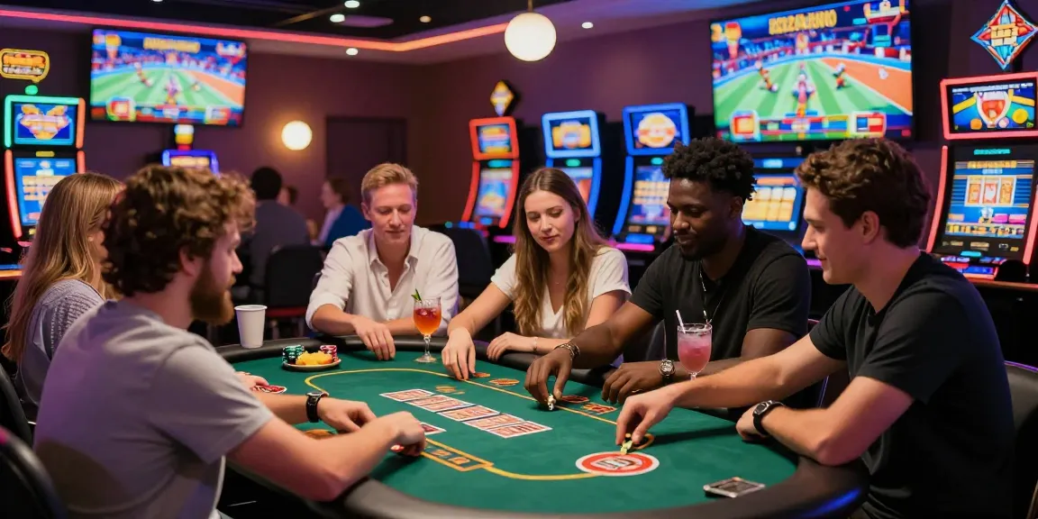 Players enjoying games at online casinos that accept credit cards, set in a lively casino atmosphere.