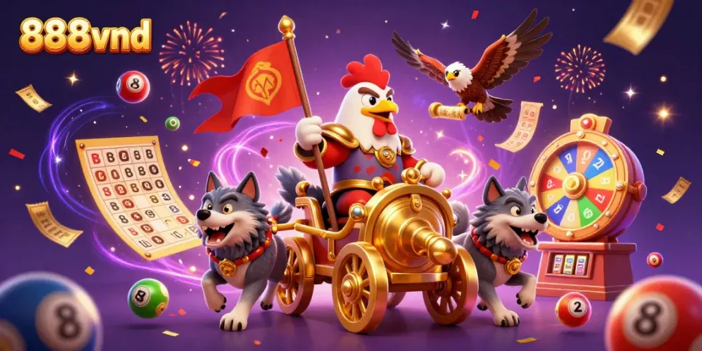 Engage with exciting gameplay at 888vnd featuring lotto balls, golden tickets, and festive energy.
