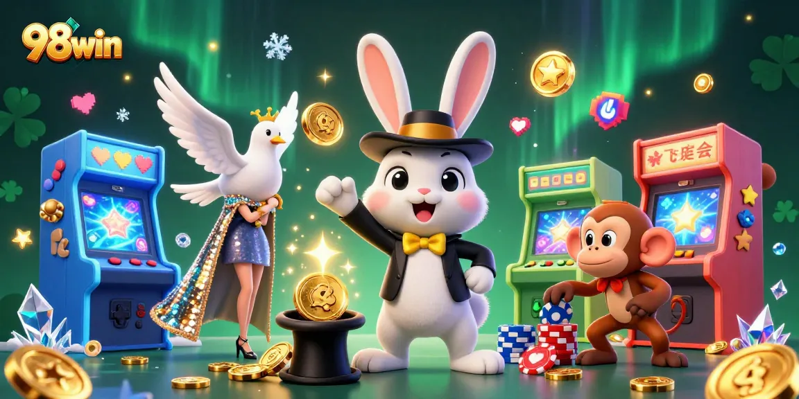 Experience the magic of 98win with a playful scene of characters enjoying casino games.