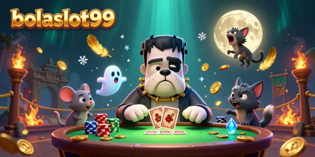 Engage in thrilling action at bolaslot99 with a cartoon character dealing cards at a haunted casino table.