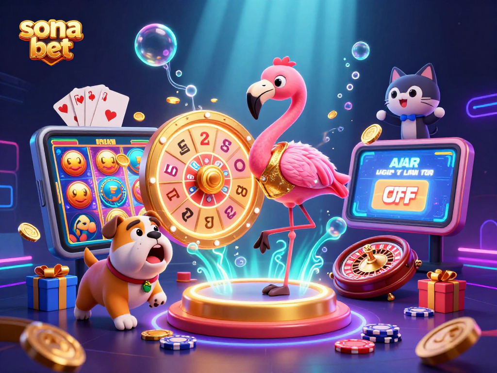 Sona bet engages players with a vibrant 3D illustration of a game show scene featuring a flamingo host and a bulldog contestant.