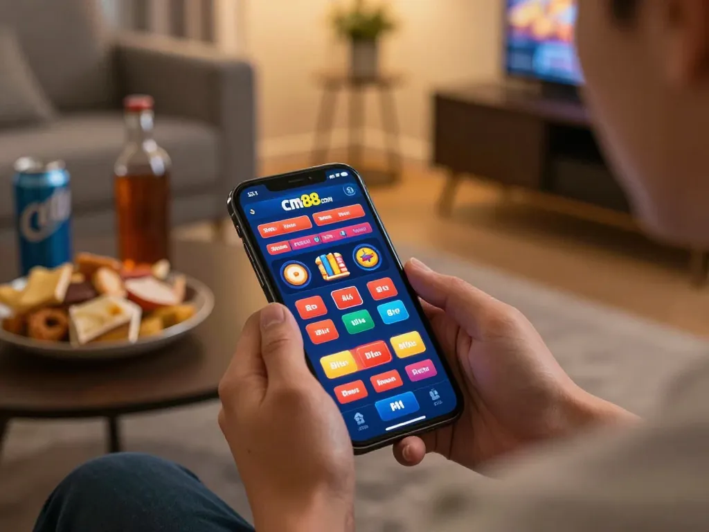 Person enjoying online gaming on cm88 com app in a cozy home setting, focusing on betting options.