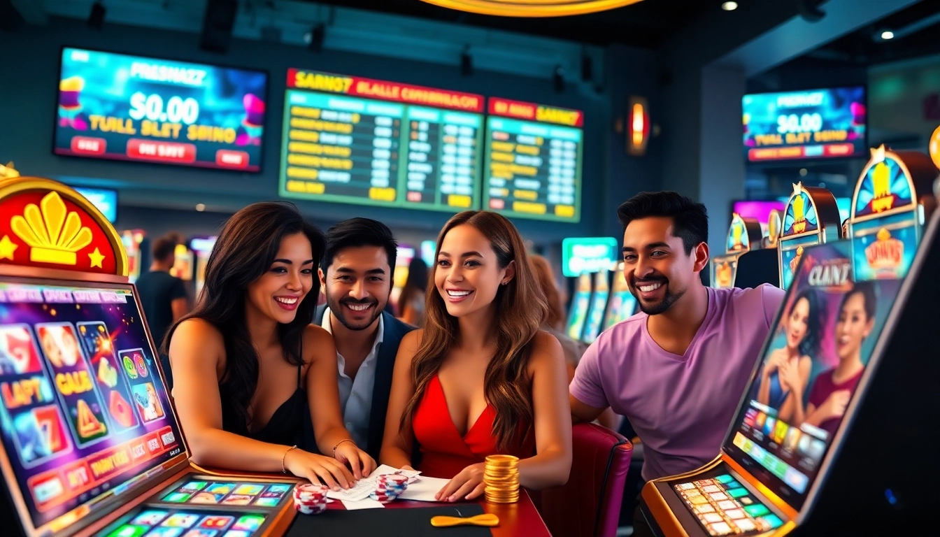 Players enjoying slots777 at a luxurious online casino with vibrant machines and engaging interfaces.