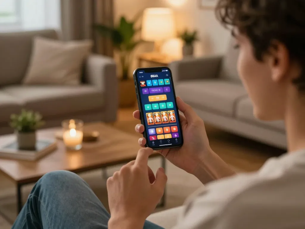 Engaging in 88aa đăng nhập on mobile with excitement and strategy in a cozy home setting.