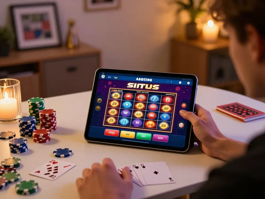 Engaging in situs slot gaming on a tablet at home with lively atmosphere and casino elements.