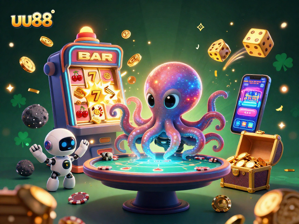 uu88 alien octopus playing poker at a vibrant casino scene with rich visuals and excitement.