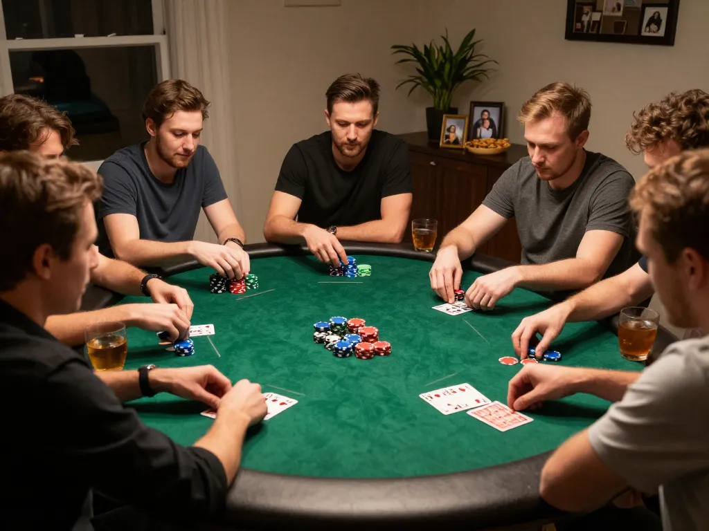 Friends enjoying home poker night while strategizing on Fokus777, creating a lively atmosphere.