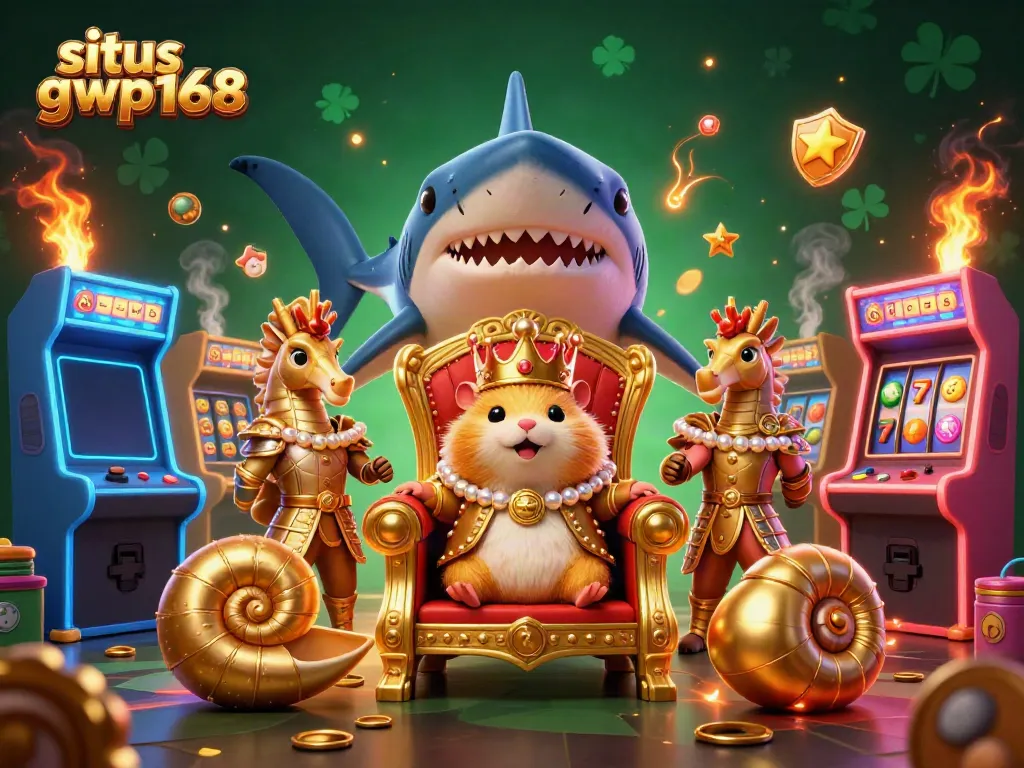 Menggali situs gwp168 dalam ilustrasi 3D yang kaya dengan mesin arcade slot, jackpot, dan elemen kasino lainnya.
