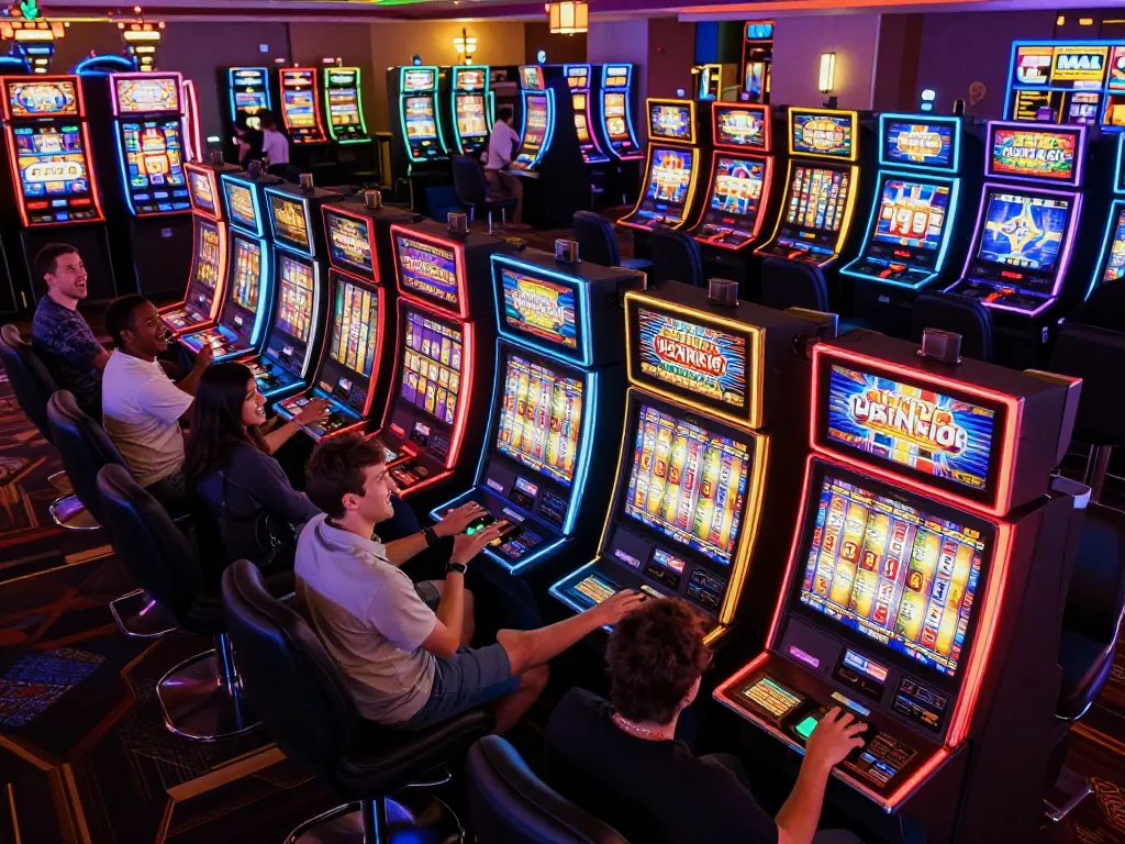 Pemain menikmati sensasi mesin slot di lingkungan kasino yang hidup, menampilkan putaran yang menarik dan jackpot.