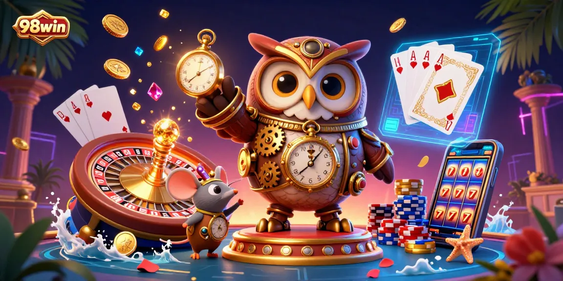 Engage with 98win's vibrant casino experience featuring a time-traveling owl and sparkling casino elements.