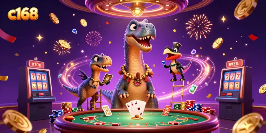 Experience excitement with c168 as a giant brontosaurus looks down at a lively poker table