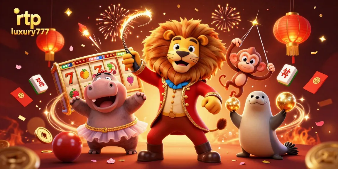 Ilustrasi 3D RTP luxury777 dengan singa penggoda, hippo, monyet dan anjing laut, merayakan jackpot.