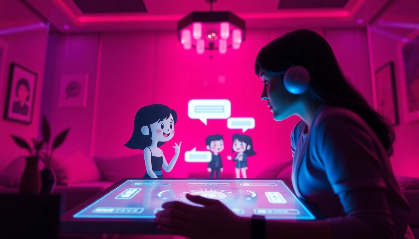 NSFW character AI chat interface showcasing playful digital interactions in a futuristic setting.