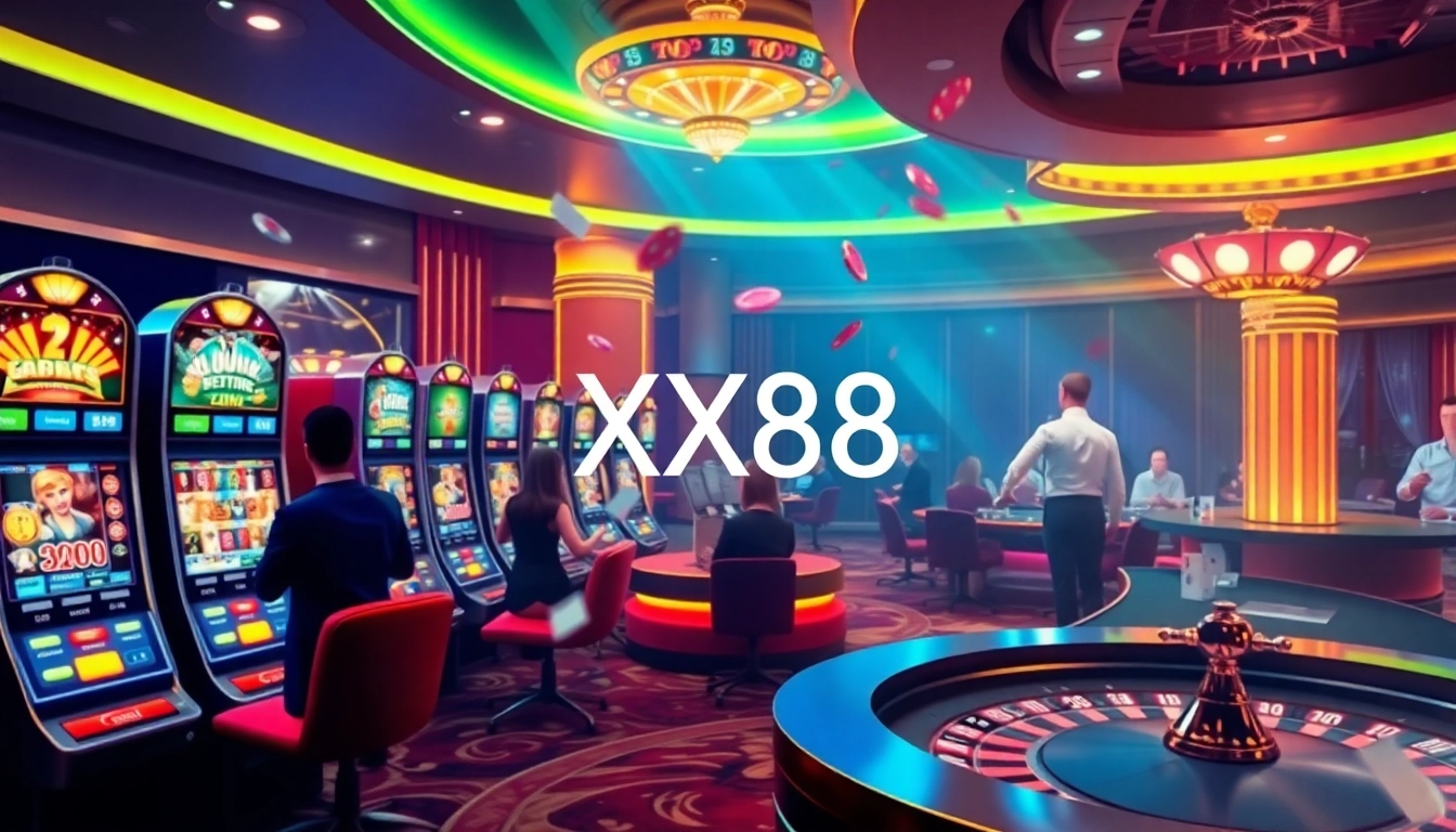 Experience the thrill of online gambling at XX88, with vibrant casino visuals showcasing slot machines and poker chips.