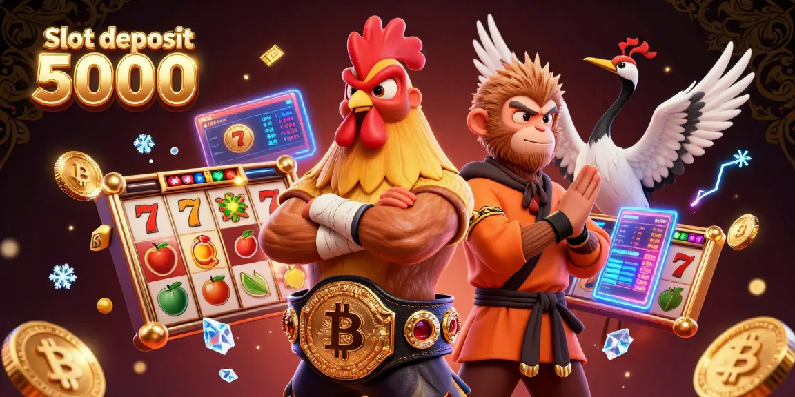 Engage with the vibrant world of Slot deposit 5000 through a dynamic gaming scene featuring animated characters and slot reels.