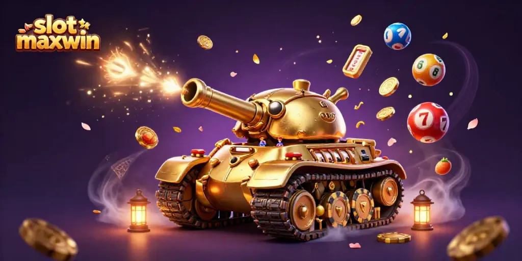Experience the thrill of slot maxwin with vibrant golden beetle tank revealing a mini casino scene.