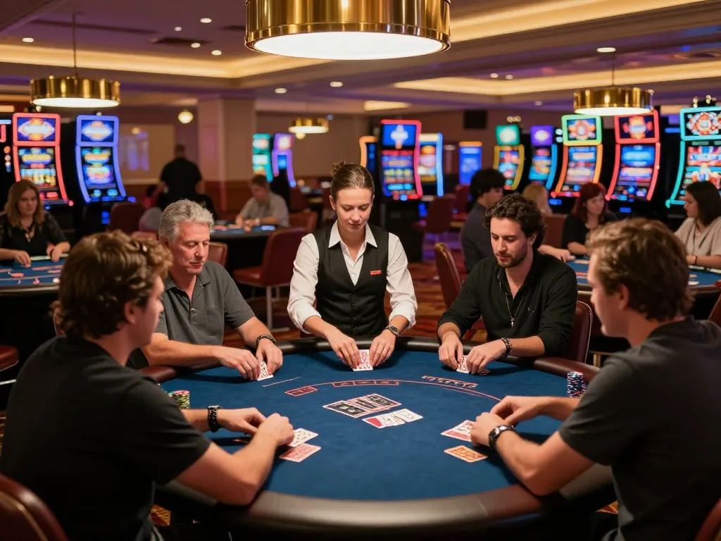 Players engaging in a strategic poker game on an upscale casino floor showcasing vibrant Q88 atmosphere.