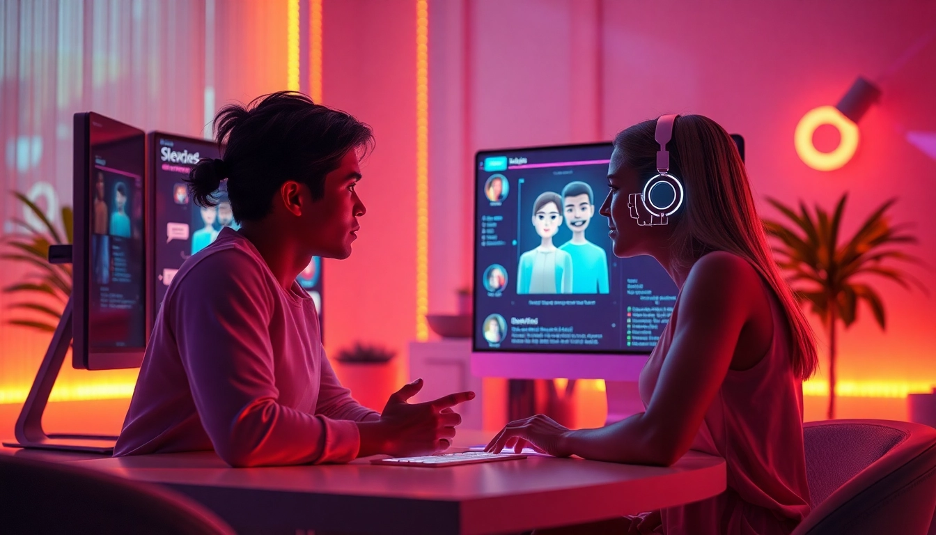 Engaging scene showcasing interactions in ai sexchat with vibrant AI avatars and modern digital interfaces.