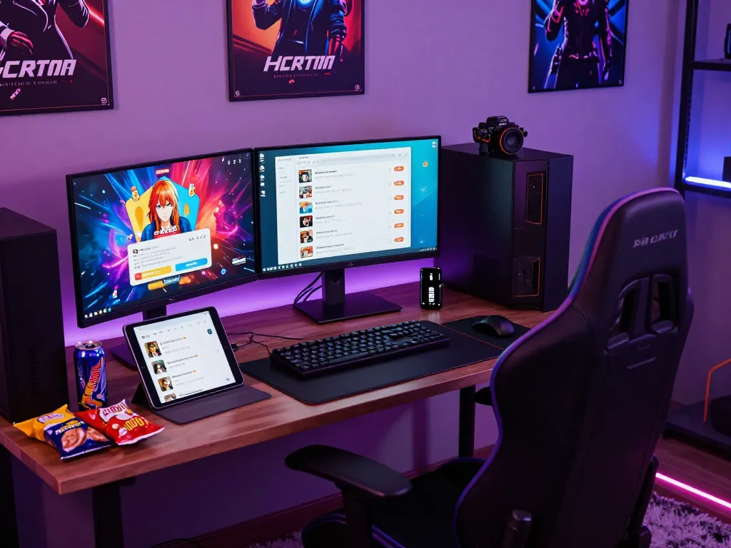 Engaging gaming setup for porngames with interactive adult visual novel displayed on multiple devices in a modern gaming room.