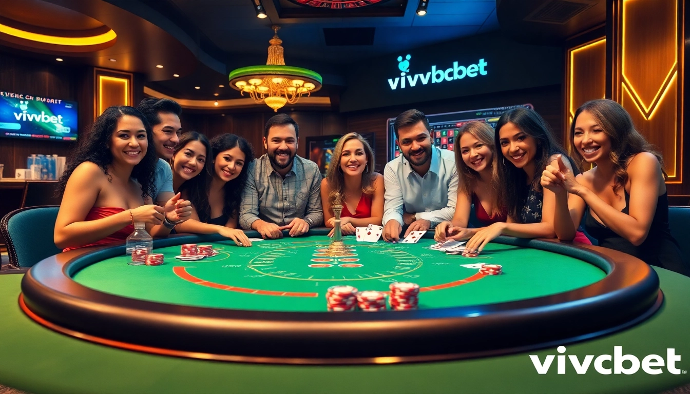 Experimenta la emoción del póker de vvvbet con fichas de lujo y jugadores activos en una mesa de casino vibrante.