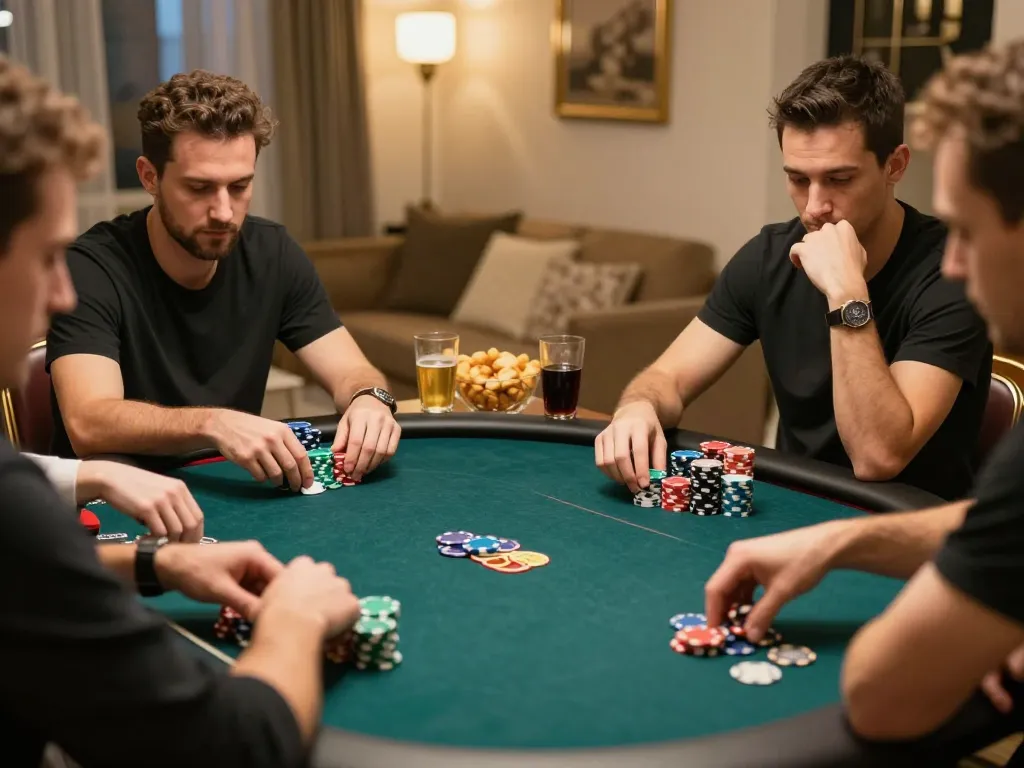 Engaged players in a lively poker game at home with chips and cards, showcasing strategic gameplay in a stylish setting, lsa.