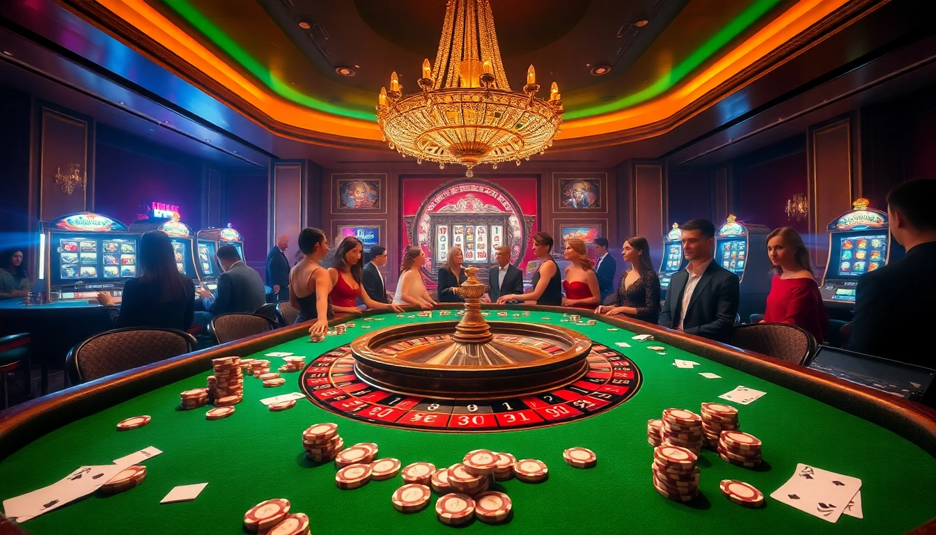 Exciting casino scene showcasing a roulette table and glamorous players, highlighting https://cf789.lat for thrilling gaming experience.