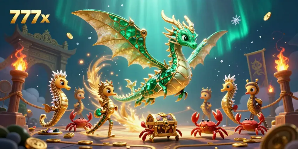 Experience thrilling gameplay with 777x's vibrant underwater casino scene featuring a dragon and treasure.