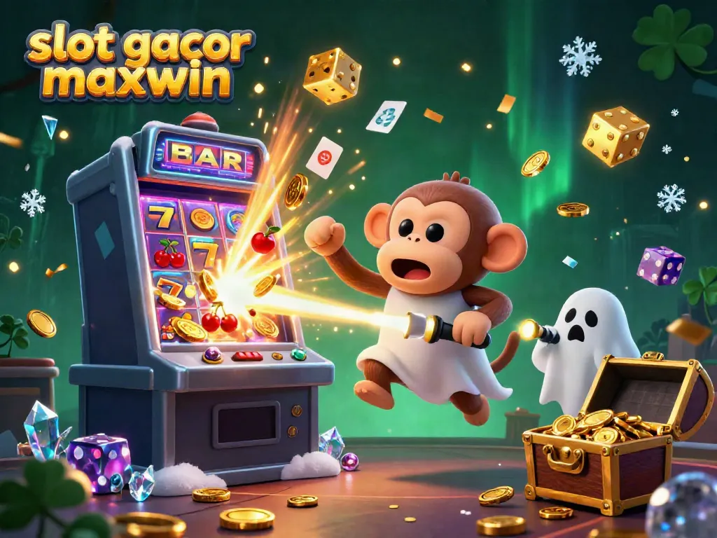 Permainan slot gacor maxwin dengan monyet poltergeist dan anjing pemburu hantu, suasana kasino menarik.