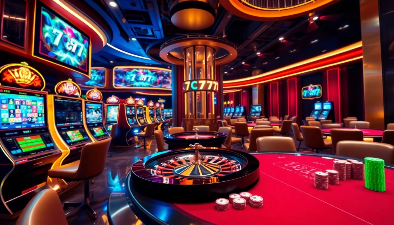 Engaging scene of 7C77 online casino showcasing vibrant slot machines, roulette, and poker tables.
