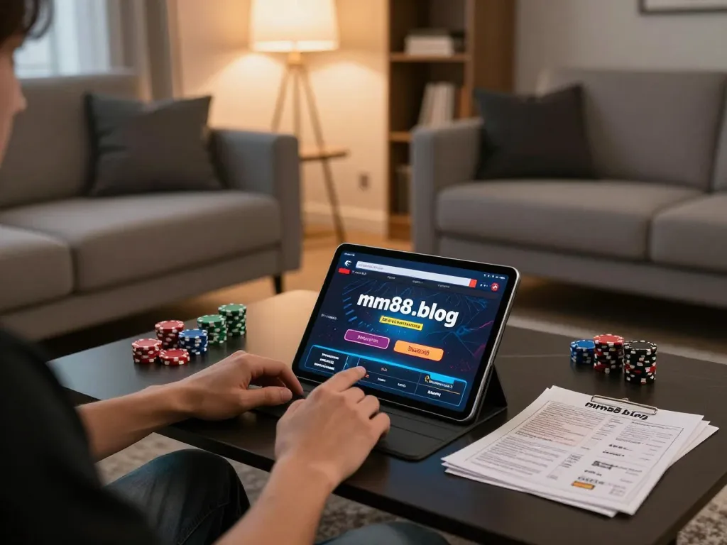 Engaging with mm88.blog app on tablet in a cozy home gaming setup, showcasing strategic online gambling.