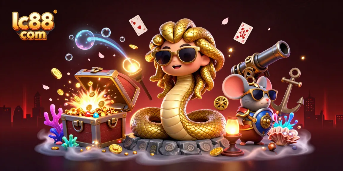 Engage with lc88 com through this vivid illustration featuring Medusa and a mouse warrior in a vibrant casino landscape.